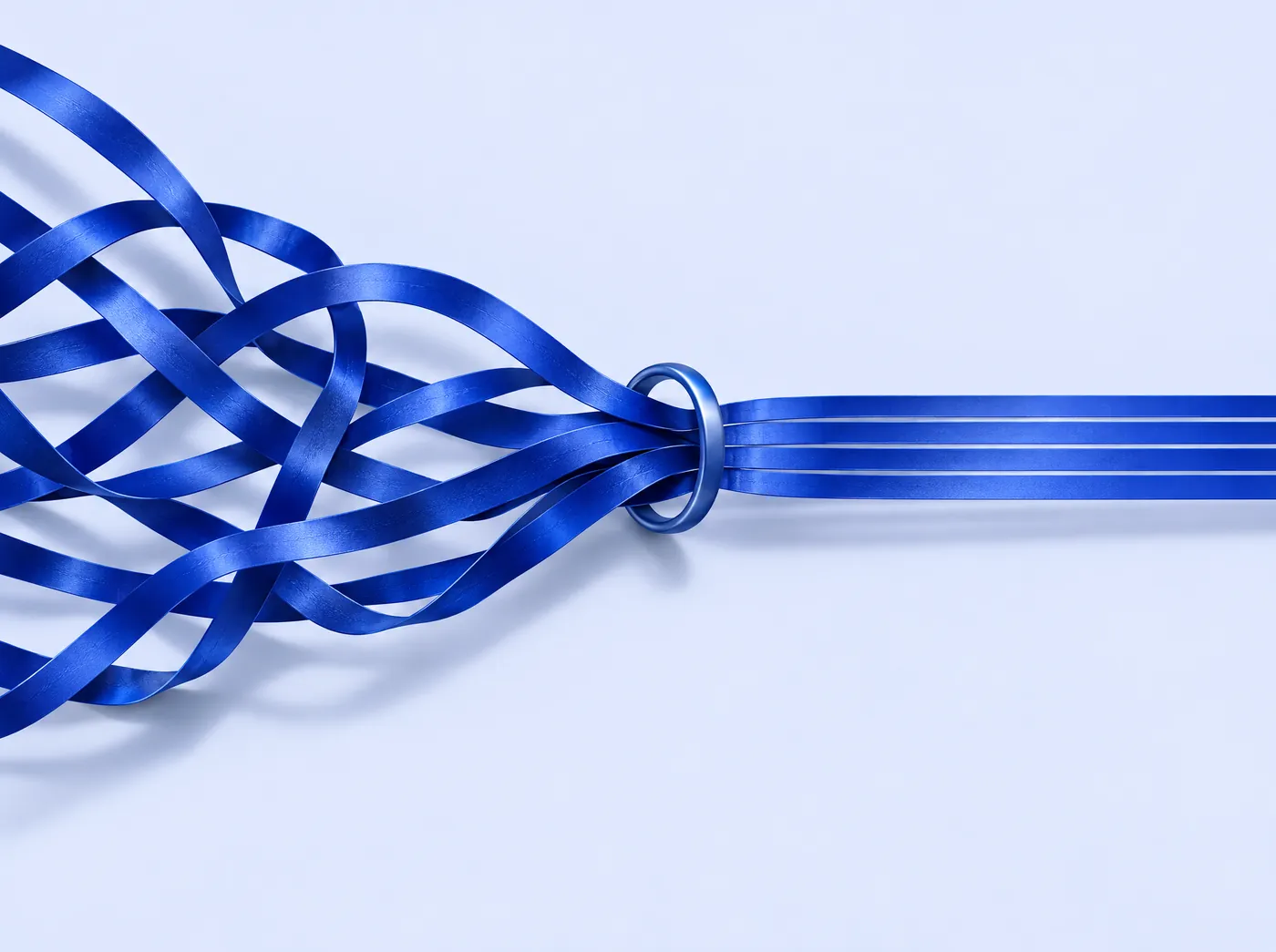 Tangled cobalt ribbons pulled through a ring into four straight lines.