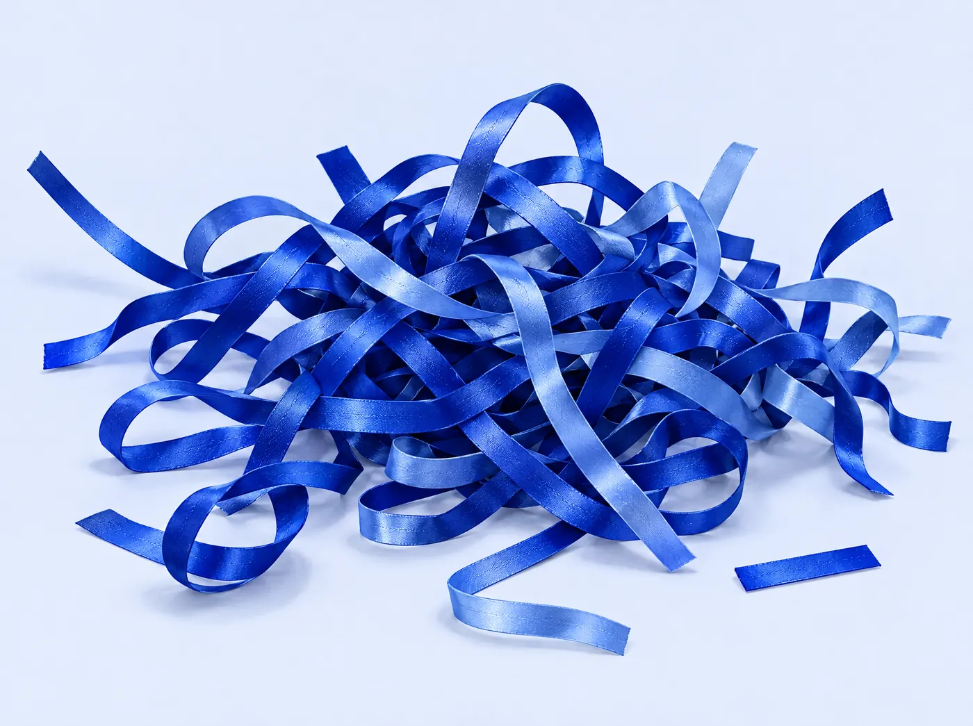 A heap of tangled blue ribbons with loose ends going nowhere.